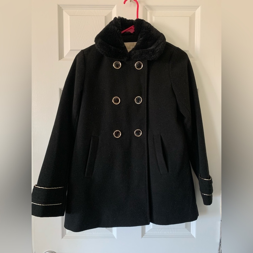 MICHAEL KORS girls' black cotwith faux fur & wool collar size:14